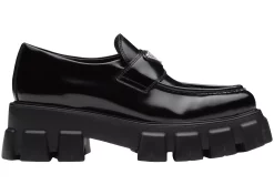 Prada Monolith 55mm Pointy Loafer Black Brushed Leather